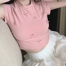 芭蕾风粉色蝴蝶结短袖T恤女夏季设计感小众短款打底衫甜辣小上衣
