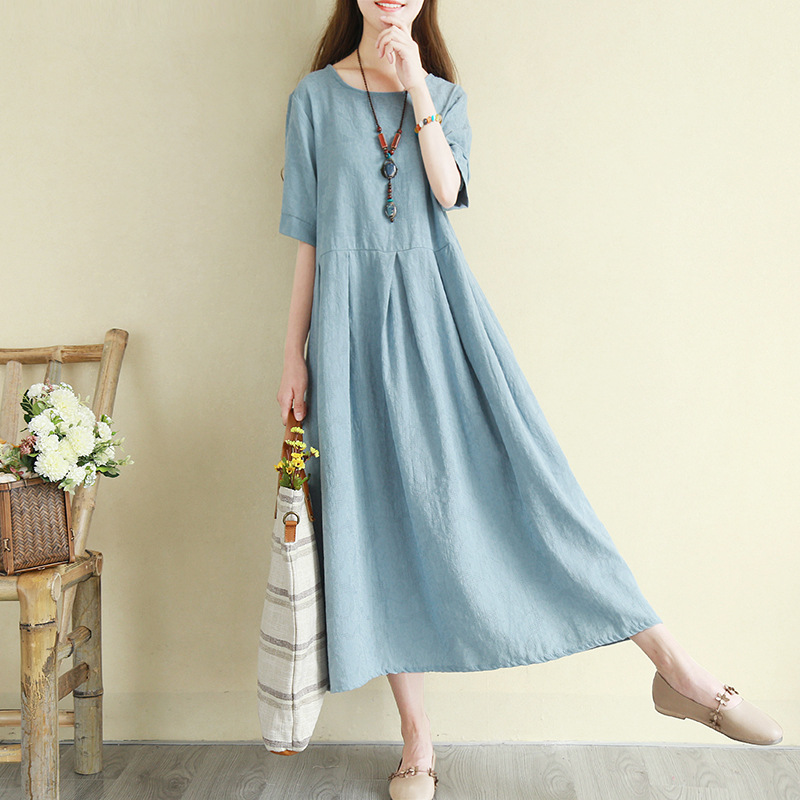 复古风文艺棉麻连衣裙夏季长款气质亚麻料刺绣长裙子宽松森女系