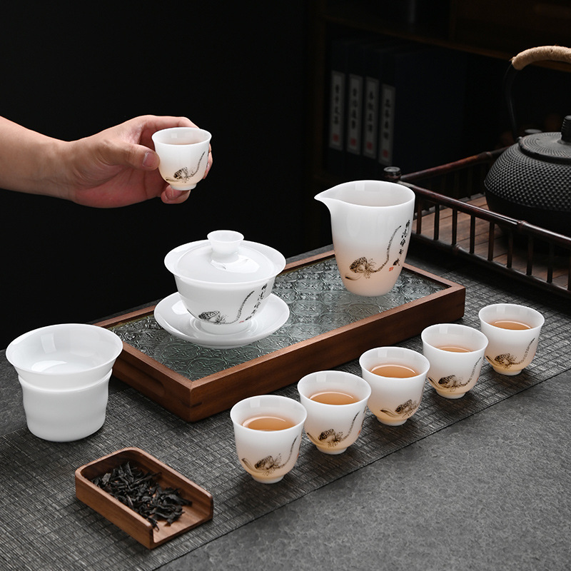 德化白瓷冰种茶具套装家用功夫茶具茶杯办公室轻奢泡茶盖碗印logo
