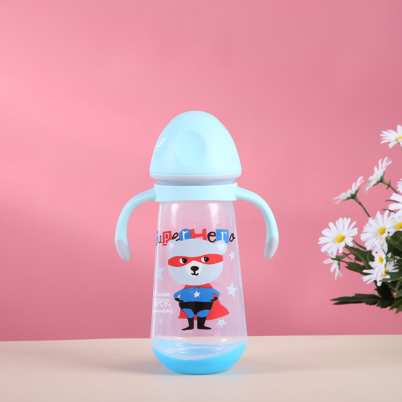 New Cartoon Pp Bottle with Handle Anti-Fall Bite-Resistant Silicone Nipple Bottle Newborn Choke Proof Anti-Flatulence Baby Bottle