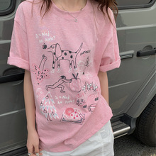 黎诺趣味卡通字母印花短袖T恤女2024夏季新款韩系宽松减龄圆领上