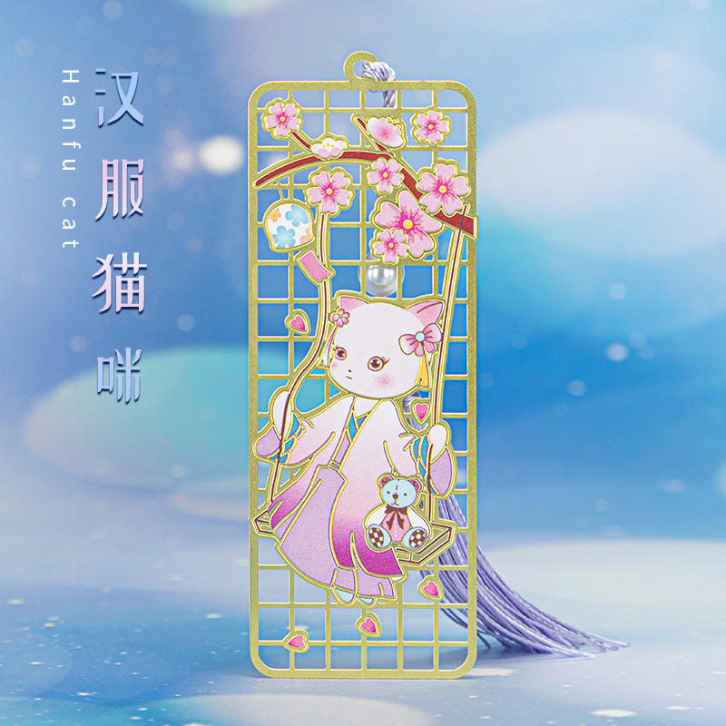 彩色金属书签汉服猫方形书签铜质送人小礼品学生文具流苏挂件现货