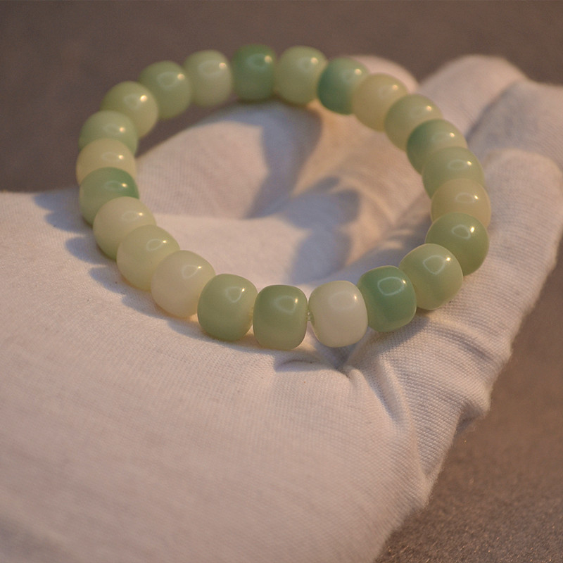 10*8桶珠浅色阴皮菩提根素珠手串 单圈女款山水料飘花菩提根手链