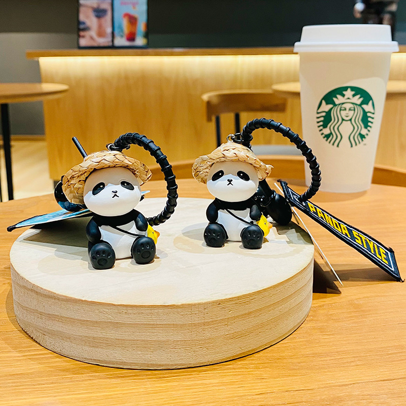 Genuine Straw Hat Little Friend Panda Series Creative Cartoon Hand Rope Keychain Bell Pendant Small Gift Wholesale