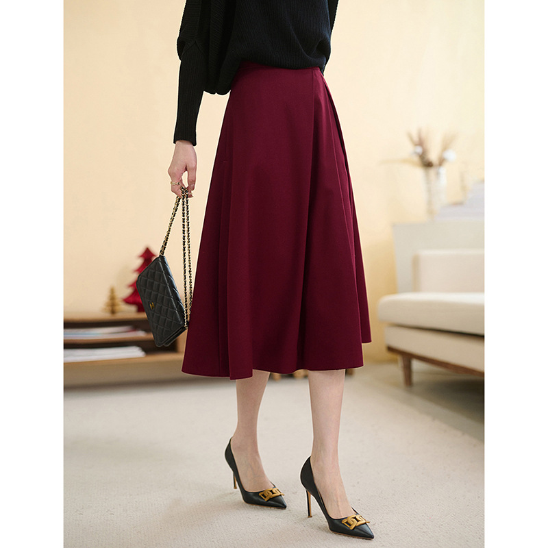 酒红色毛呢半身裙女2024年春夏新款优雅高级感气质a字大摆中长裙
