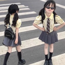 女童夏季套装2024新款时髦洋气jk制服儿童学院风百褶短裙领带学生