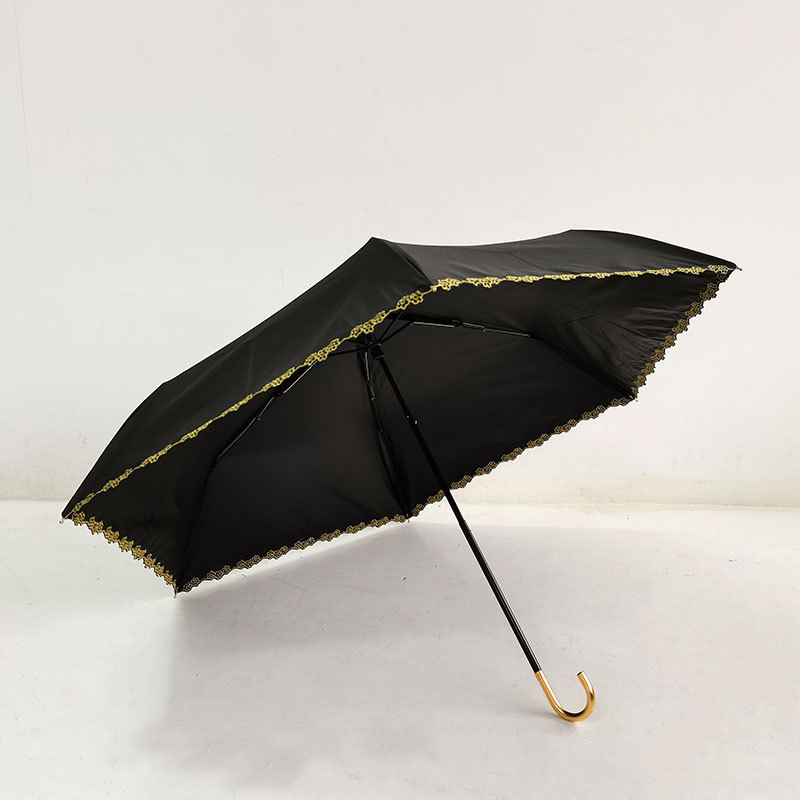 日本超轻uv花朵刺绣遮阳紫外线弯钩黑胶防晒降温铝合金三折晴雨伞