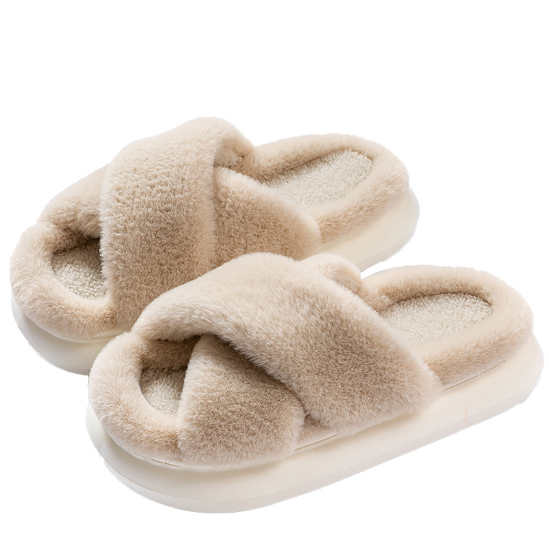 Fluffy Slippers Women's Fall and Winter Outer Wear Non-Slip Indoor Platform Home Furry Confinement Cotton Slippers Open Winter