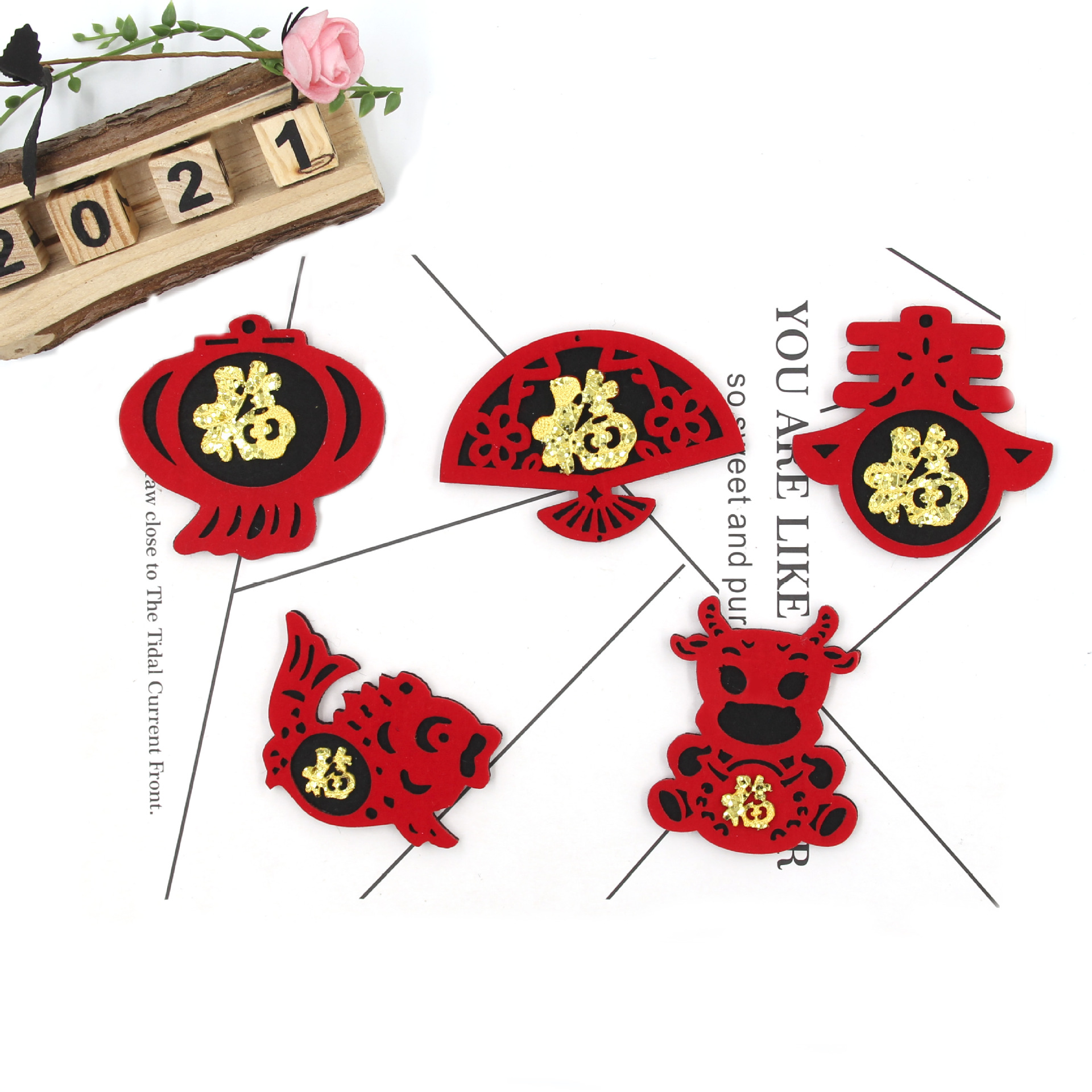 牛年春节植绒布儿童发夹配件 新年手工diy卡通迎春金福发箍材料