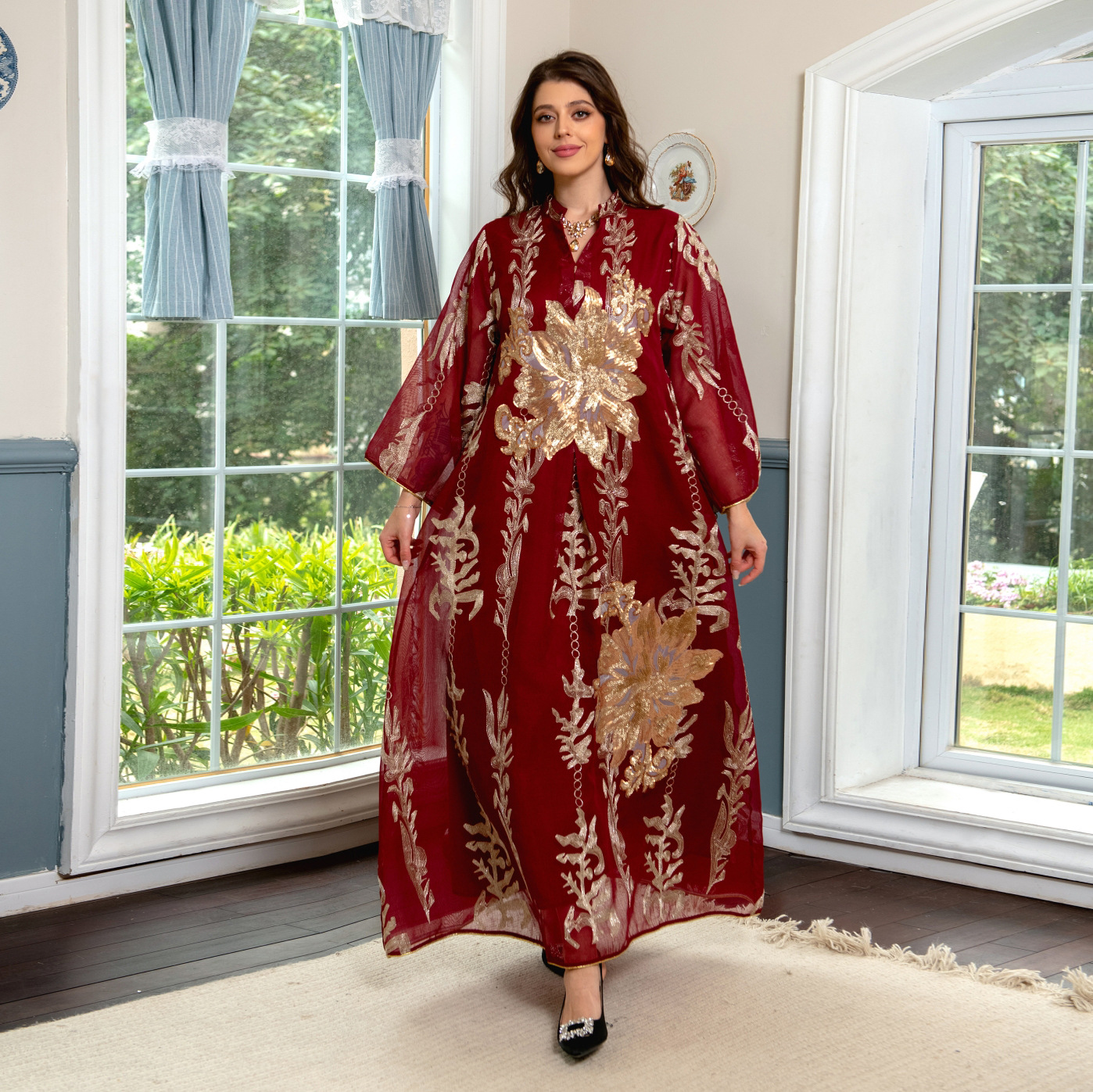 Ab056 Middle East New Burnt Flower Sequin Dress Light Luxury Ladies Party Dress Muslim Abaya Cross-Border Women's Clothing