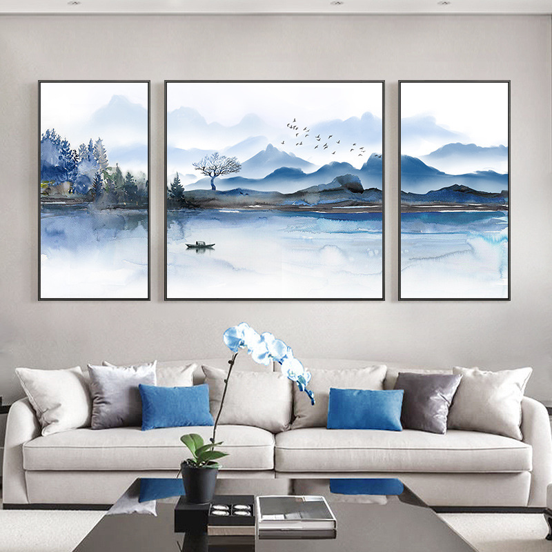 沙发后面的挂画客厅装饰画三联画新中式山水画背景墙壁画背有靠山