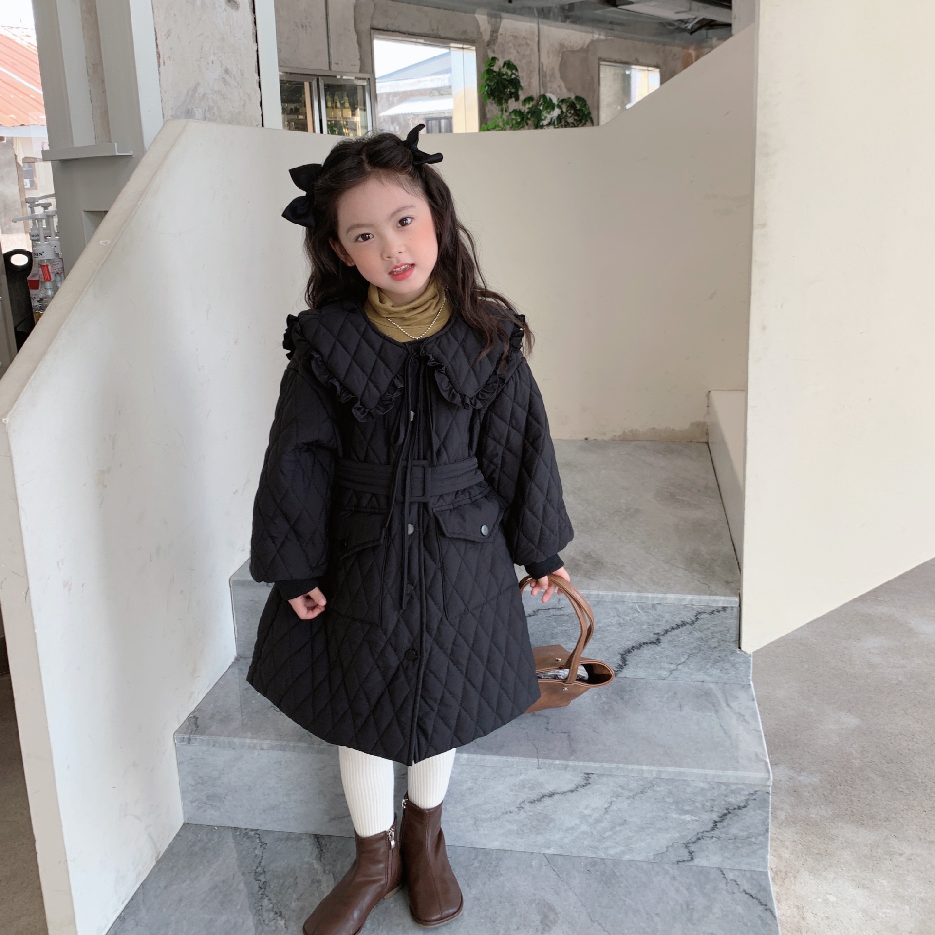 儿童棉服韩国童装女童夹棉大翻领收腰连衣裙冬季宝宝时髦长款棉裙