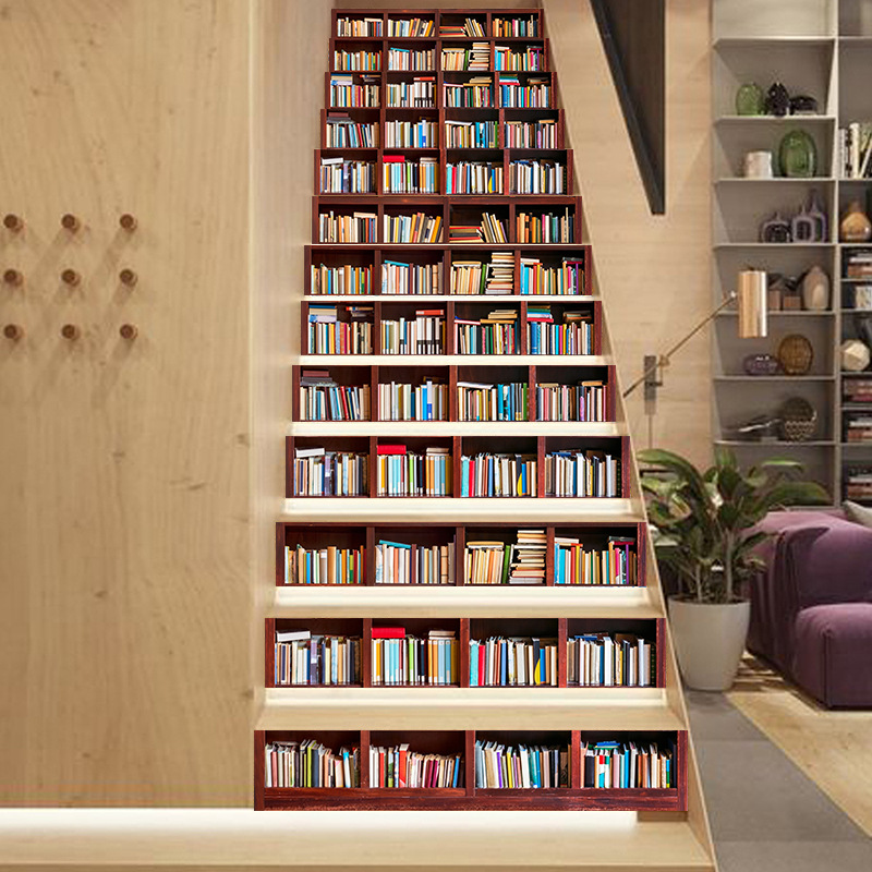 仿真书柜图书楼梯贴即剥即离可移除墙贴台阶楼梯踏步家居翻新装饰