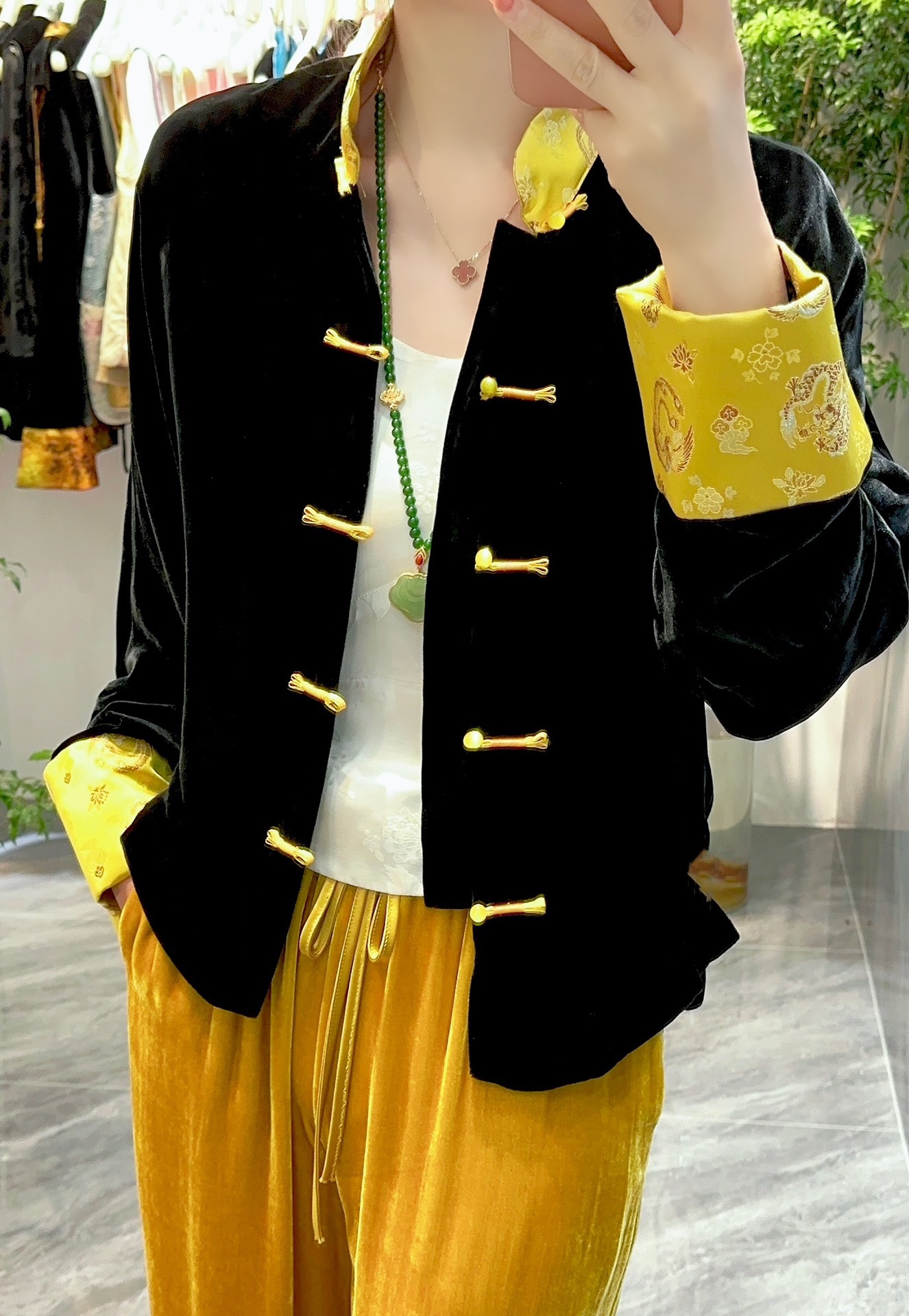 南油女装国风潮真丝丝绒拼织锦缎提花外套高级感对襟唐装开衫上衣