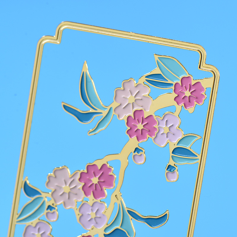 Chinese Peony Metal Bookmark in Stock Wholesale Hollow Paint Cherry Rose Bookmark Creative Blind Box Small Gift