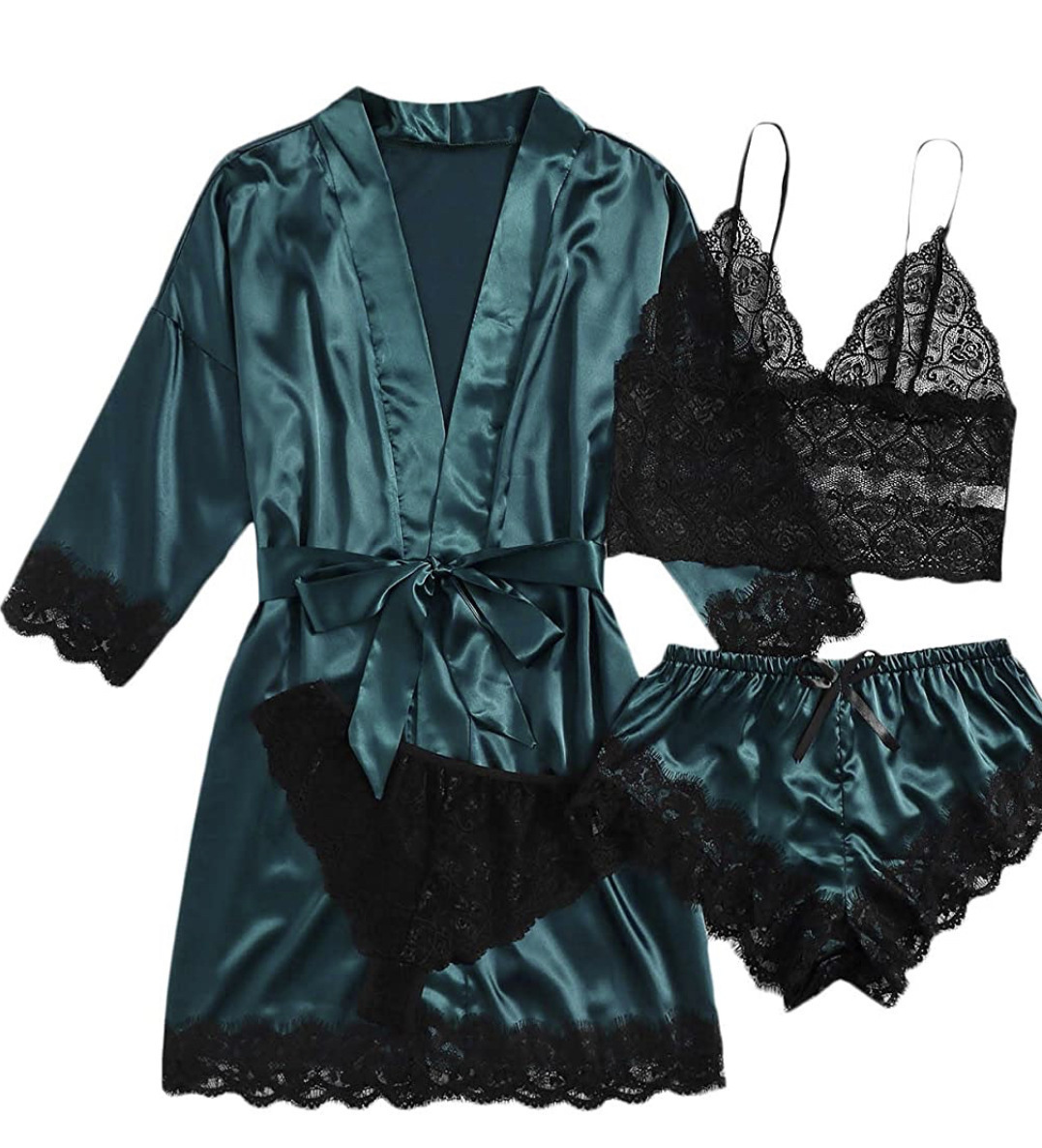 Cross-Border European and American Ladies Pajamas Underwear 4-Piece Set Lei Sling Pajamas Women's Summer Suit Nightgown Nightdress in Stock Wholesale