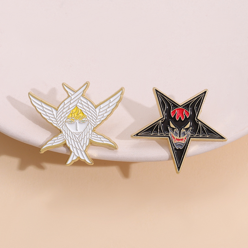 Angels & Demons Creative Couple Brooch Golden M Badge Exaggerated Weird Five-Pointed Star Wings Golden M Badge Name Tag