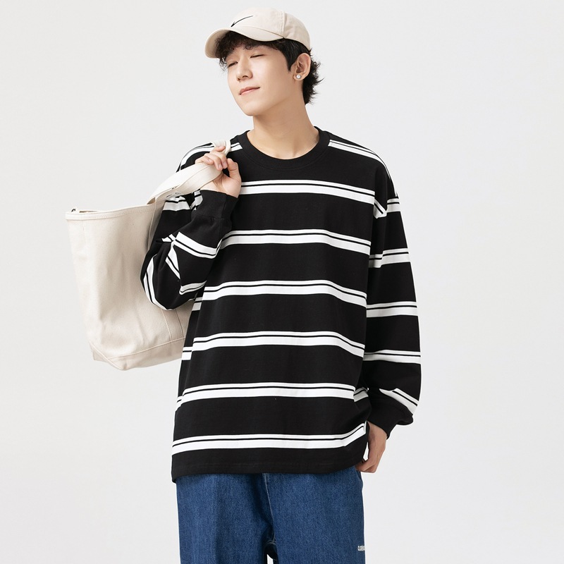 Men's Clothing 280G Heavy Striped Crew Neck Long Sleeves T-shirt 2023 Autumn and Winter New Sweater Fashion Brand Couple Bottoming Shirt