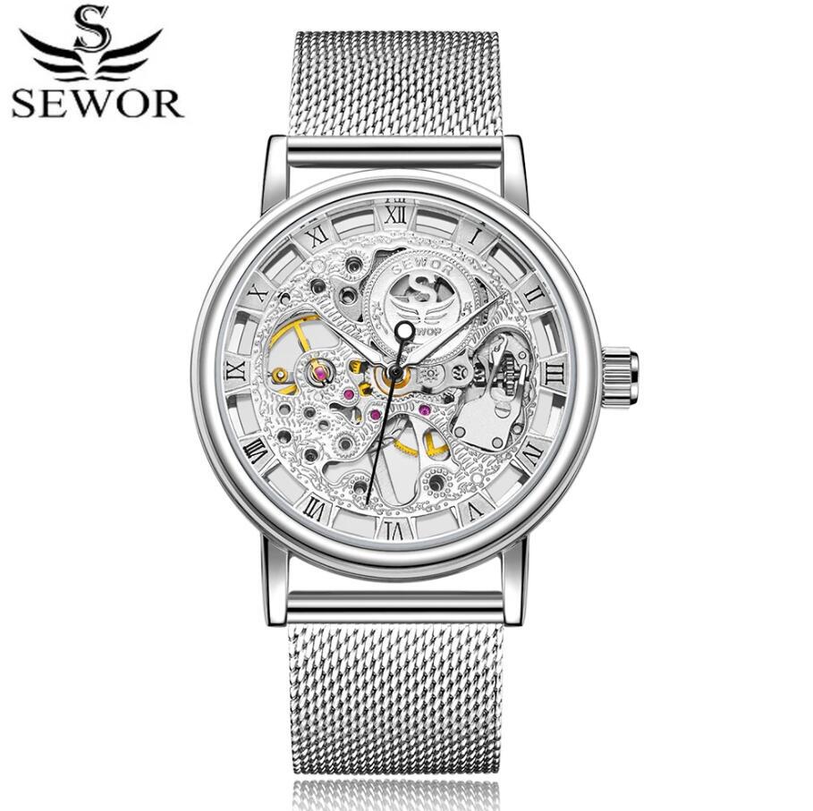 外贸爆款seweor机械手表镂空网钢带男士商务休闲手动机械手表腕表