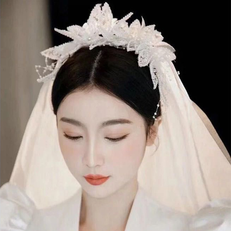 团铭韩式新款头纱发饰新娘结婚主婚纱盘发头饰唯美蕾丝波浪配饰品