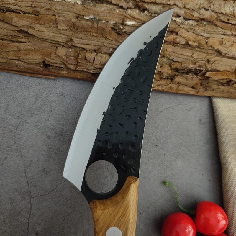 手工锻打锤纹剔骨刀屠宰割肉杀猪切肉分割多用刀户外带孔小弯刀