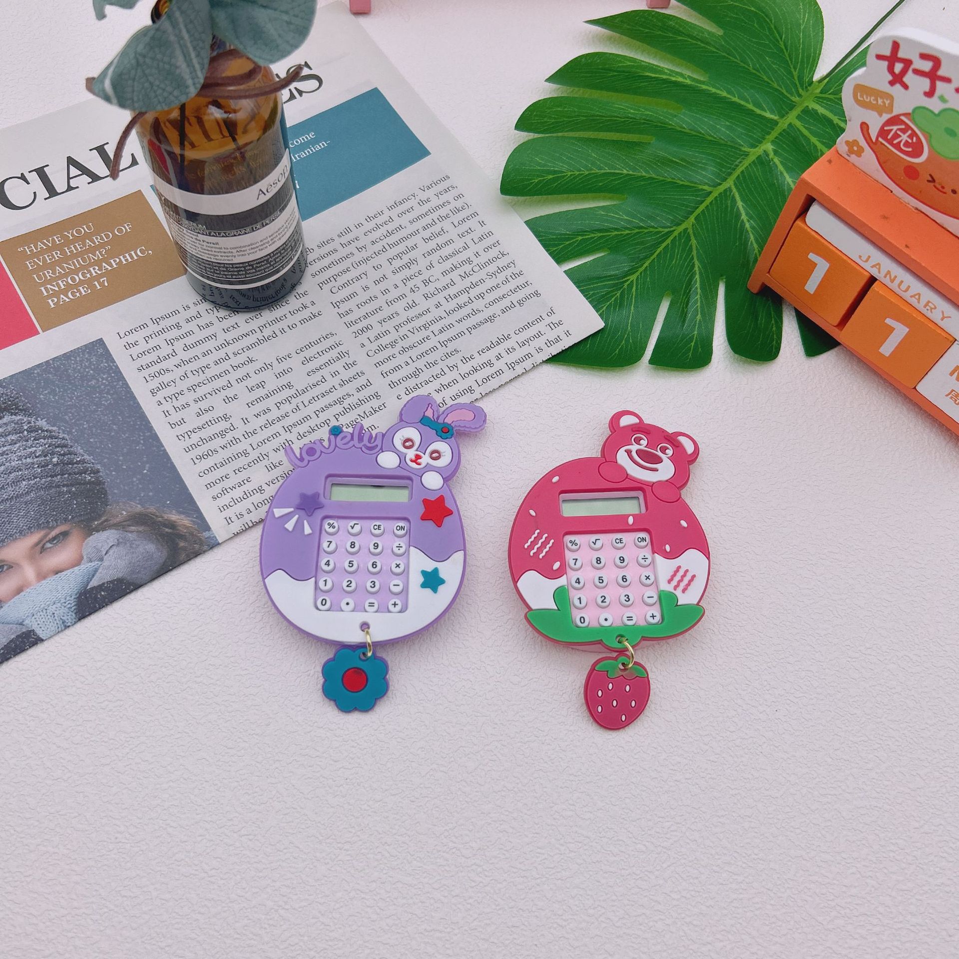 New Strawberry Bear Calculator Cartoon Key Button Women's Bag Pendant Doll Little Creative Gifts Accessories Wholesale