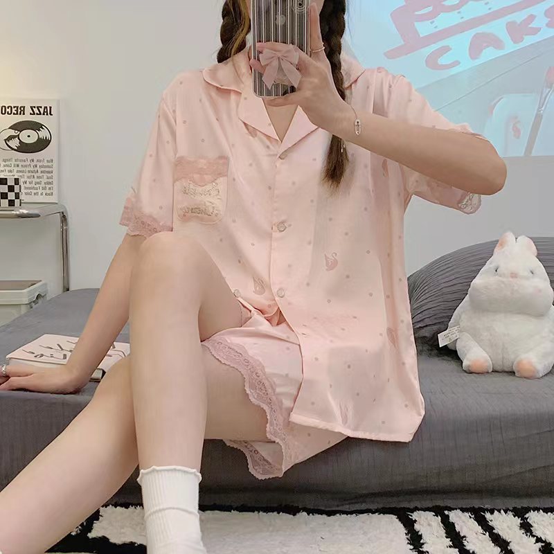 Summer Thin Ice Silk Pajamas Women's High-Grade Sweet Cute Short Sleeve Artificial Silk Outerwear Homewear Suit