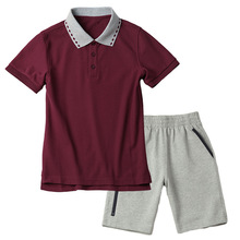小学生夏季校服套装英伦风枣红色短袖t恤儿童男灰色短裤运动套装