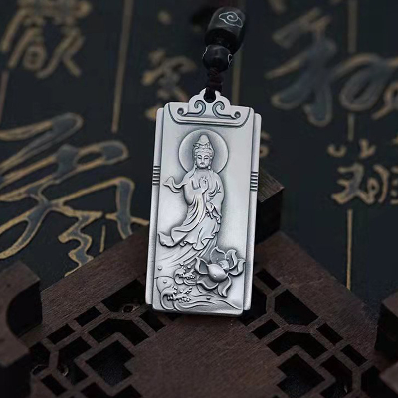 足银s999观音菩萨实心银方牌挂件滴水观音银项链挂坠男霸气银吊坠