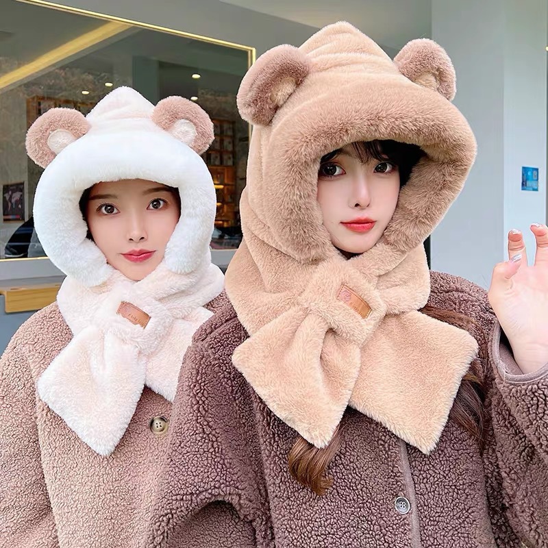 plush bear hat scarf integrated thickened scarf cute winter all-matching cycling warm with velvet ear protection hooded