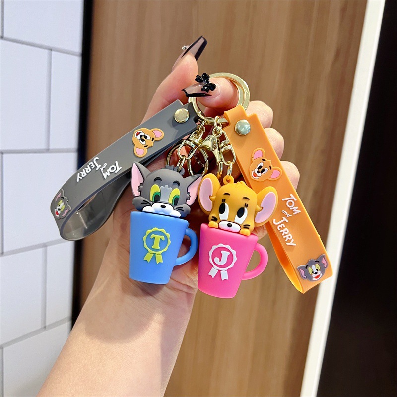 Creative Cartoon Cat and Mouse Keychain Cute Tea Cup Cat and Mouse Cheese Mouse Key Chain Men's and Women's Handbags Pendant