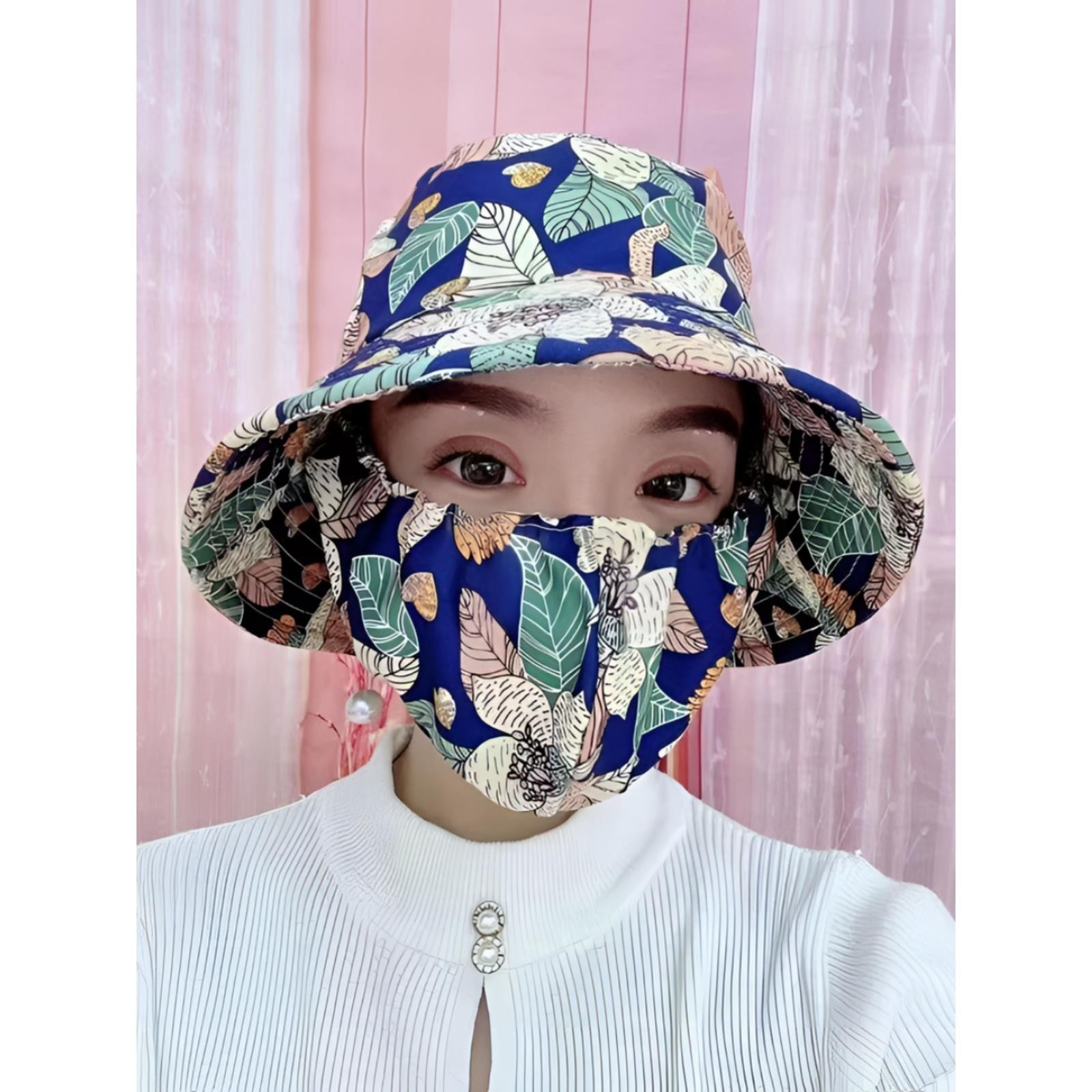 2024春季新防晒口罩帽子一体遮脸印花防风户外骑车遮阳透气采茶帽