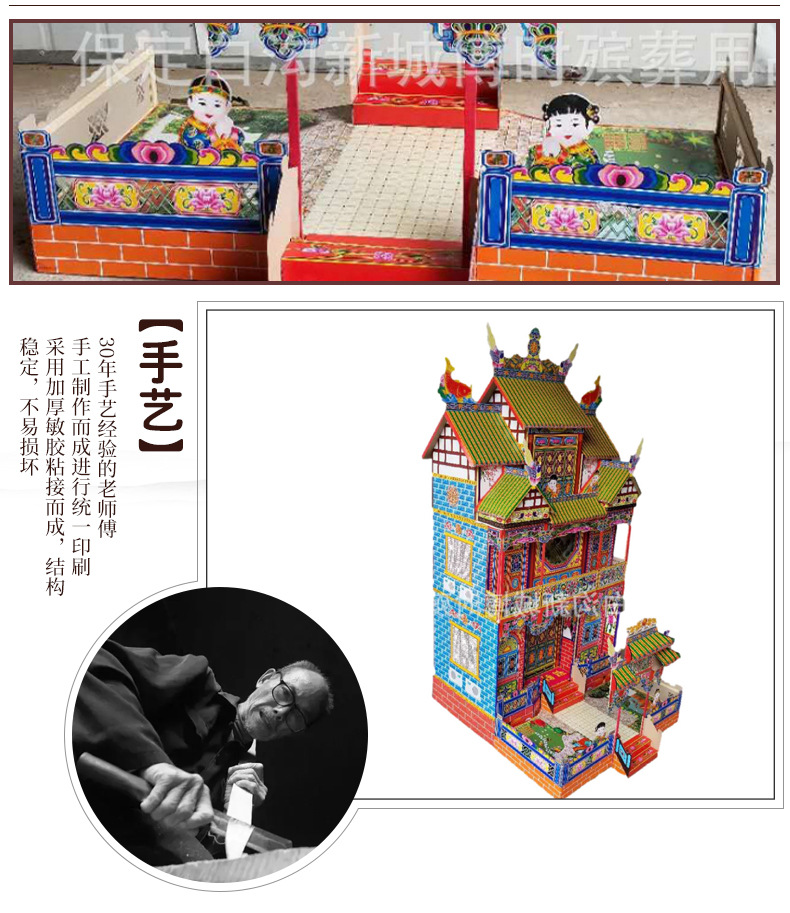 新款殡葬用品纸扎白事祭祀纸房子纸屋折叠冥房纸别墅竹架灵屋