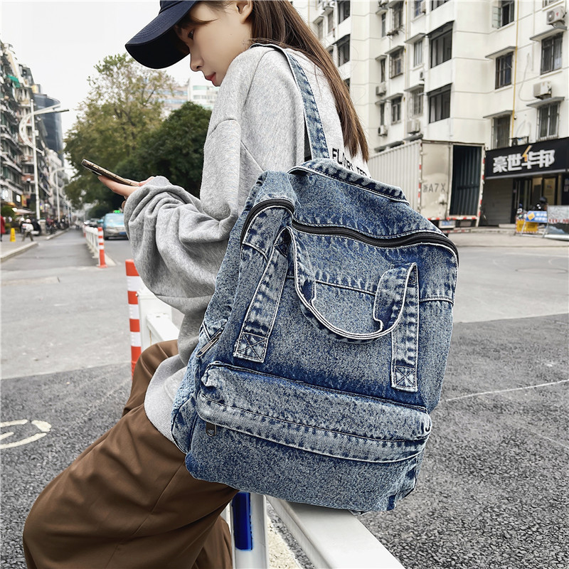 2022新款原宿ulzzang水洗牛仔双肩包潮背包大容量高中大学生书包