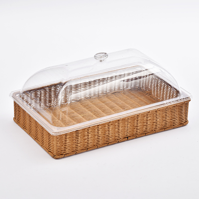 Wholesale Bread Basket Cake Tray Fruit Plate with Lid Rattan Woven Sampling Plate Dim Sum Plate Pastry Dessert Transparent Cover