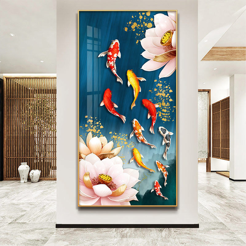九鱼图玄关装饰画新中式招财过道走廊晶瓷挂画客厅入户竖版墙壁画