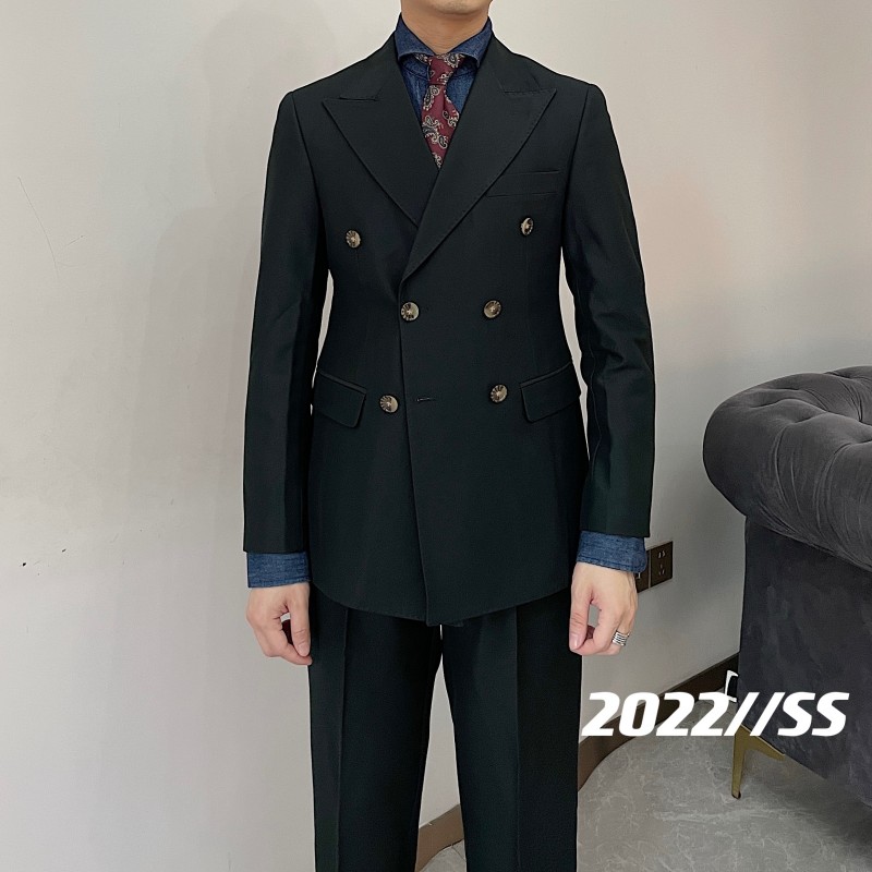 英伦复古男士绅士修身双排扣西装套装韩版时尚商务正装西服两件套
