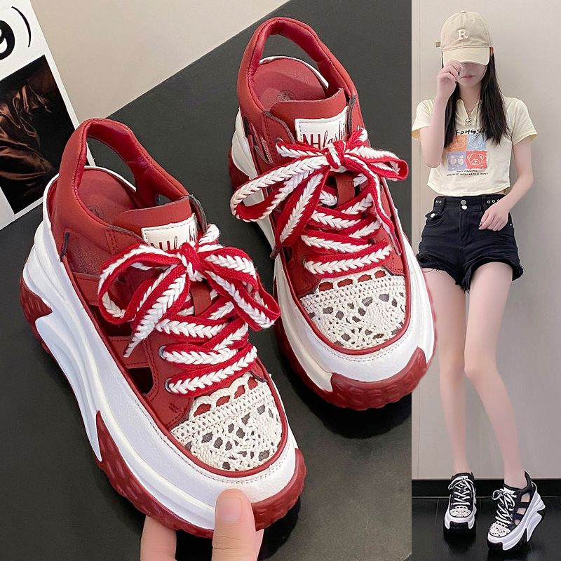 韩版2024夏季新款内增高老爹鞋时尚绑带镂空搭松糕厚底休闲运动鞋