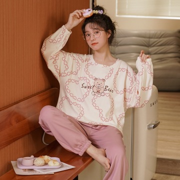纯棉睡衣女春秋季全棉长袖长裤套装pajamas学生套头家居服可外穿