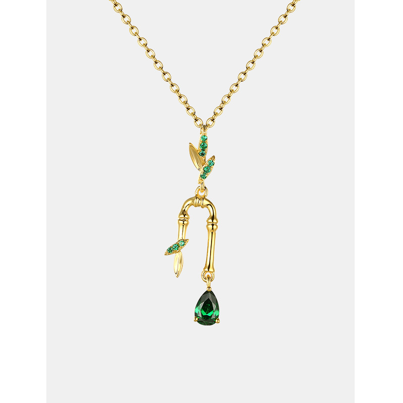 竹子项坠节节高寓意好镶绿锆石竹叶古风女款吊坠金色工厂设计直销