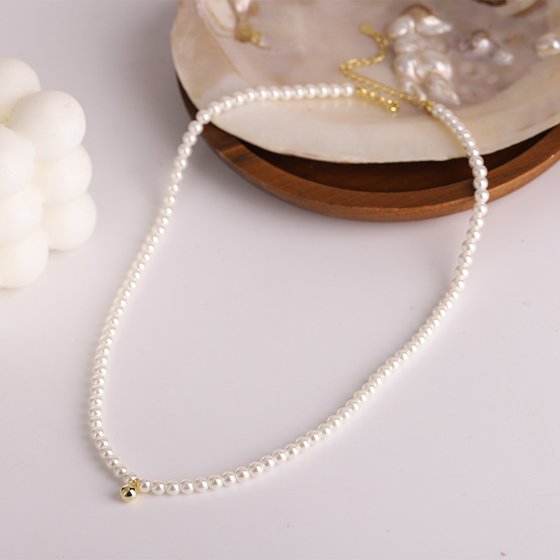 S925 Sterling Silver Small Golden Balls Necklace Korean Style Female Choker18k Gilded Shell Pearls Creative Gold Bean Rice Clavicle Chain