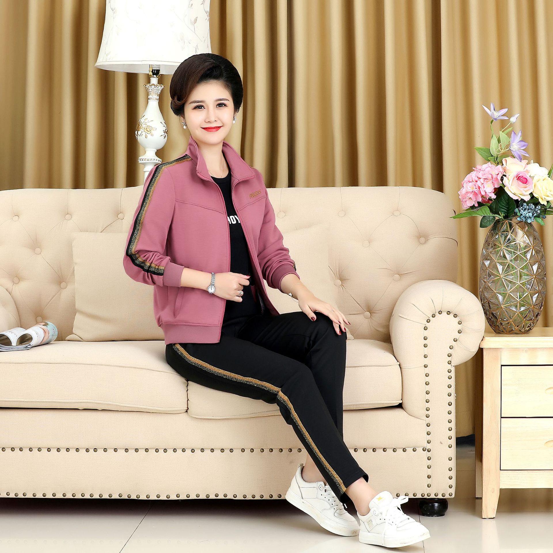 中老年运动套装女士春秋季休闲外套妈妈装卫衣两件套休闲运动服
