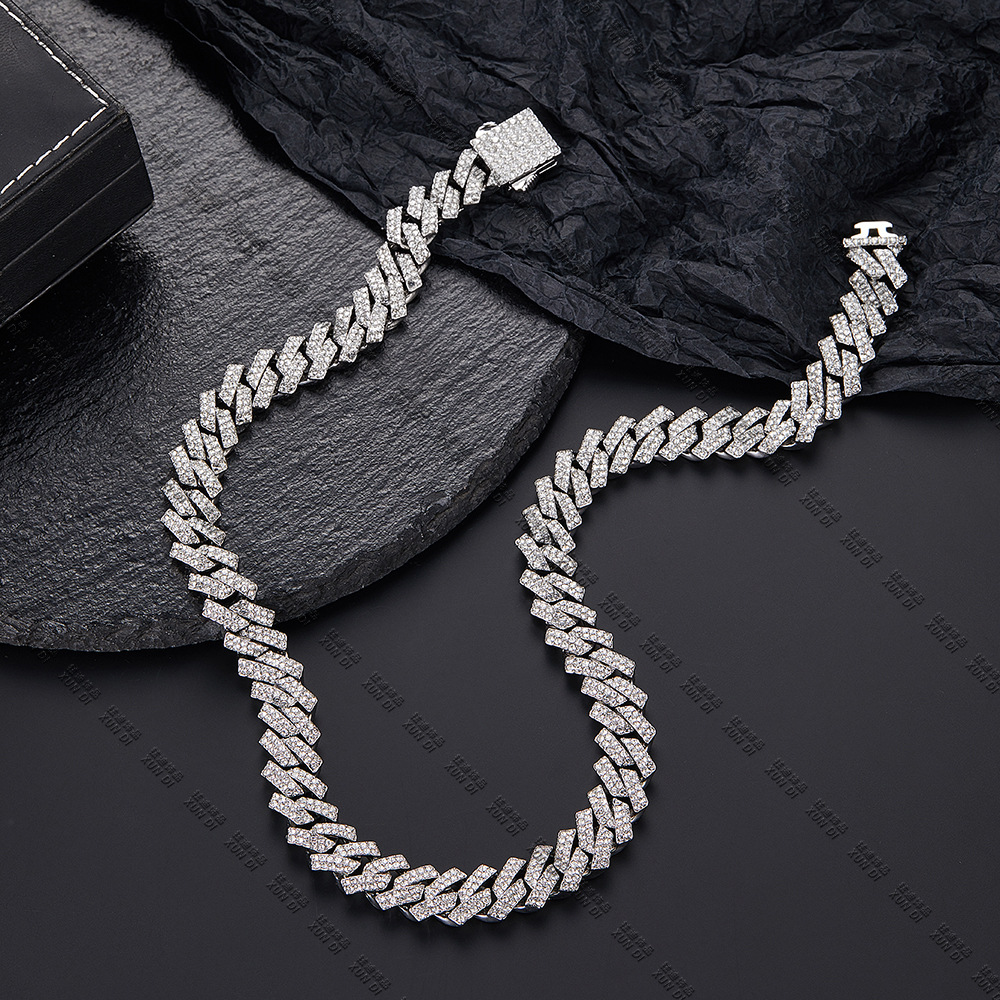 Cross-Border Hip Hop New Arrival Bar Cuban Link Chain 12mm Alloy Rhinestone High Quality All-Matching Hip Hop Necklace One Piece Dropshipping