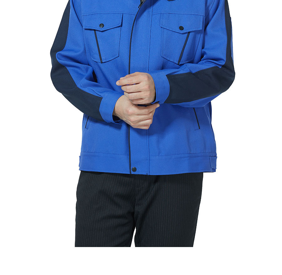 定制长袖翻领工作服蓝色撞色防静电工厂工作服物流公司工装夹克