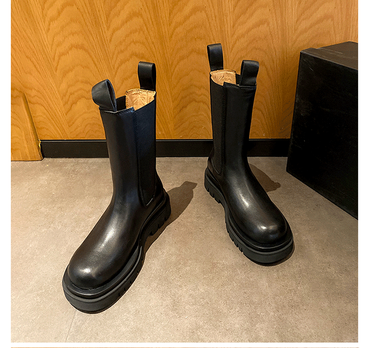 mona中筒靴厚底切尔西马丁靴女2021新款秋冬烟筒英伦风全真皮短靴