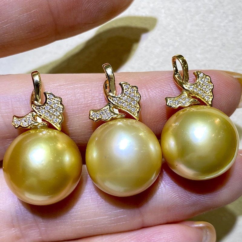 g18k金叶子海水珍珠吊坠巨无霸14-15mm南洋金珠项链坠子浓茶金色