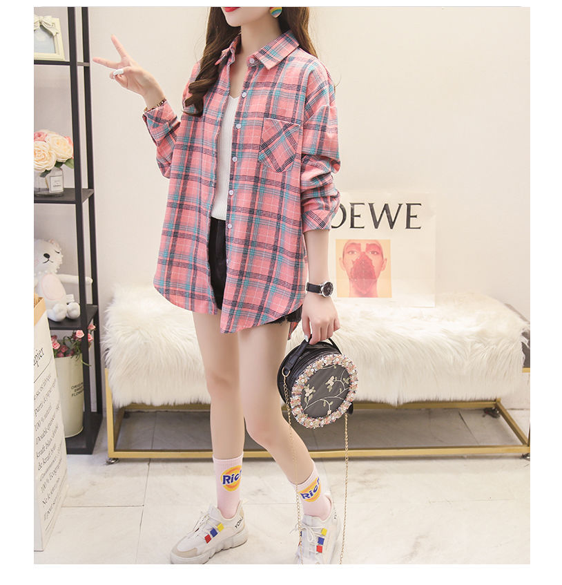 Retro Plaid Shirt Top Women's Spring and Summer Design Sense Niche Long-Sleeved Jacket Loose Polo Shirt Shirt Ins Fashion