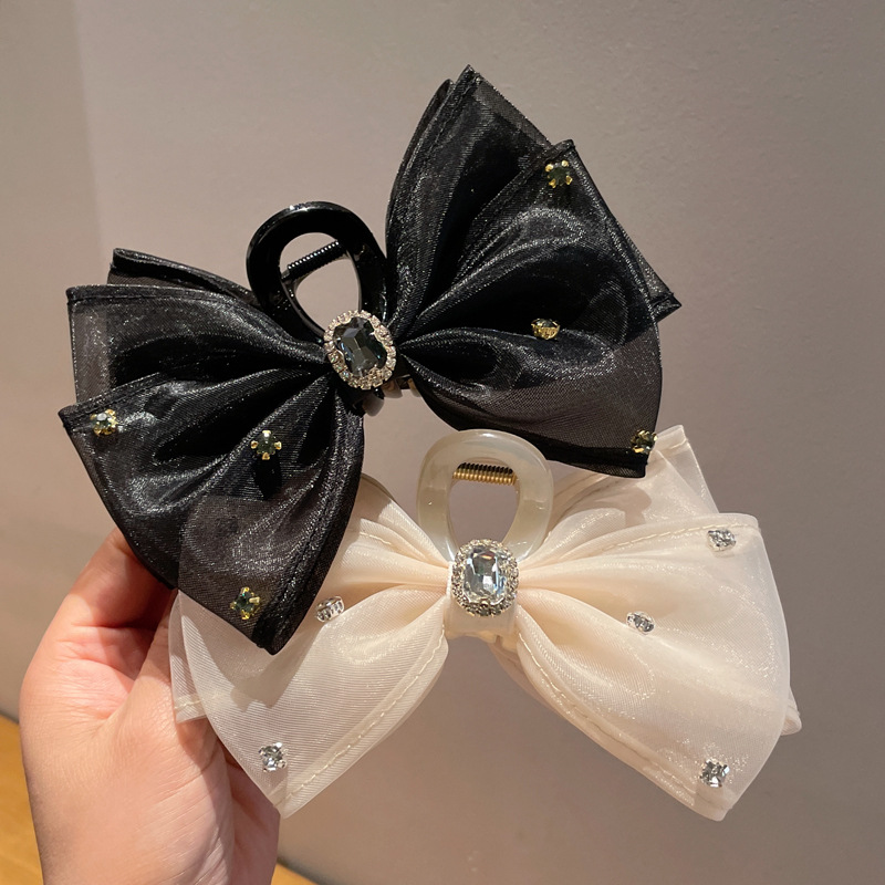 韩国气质蝴蝶结网纱大号鲨鱼夹高级感水钻镶嵌盘发夹女后脑勺抓夹