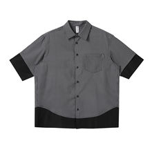 夏季日系复古假两件短袖衬衫男CityBoy休闲五分袖细条纹拼接衬衣