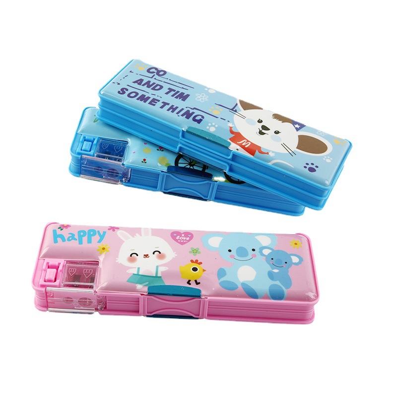 Wholesale Children's Pencil Case Cartoon Cute Wind Band Pencil Sharpener Stationery Box Double Open Plastic Pencil Case for Elementary School Students